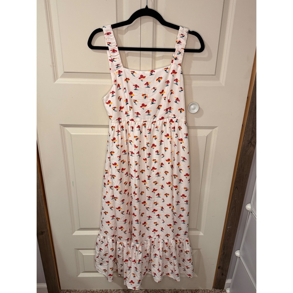 See U Soon Floral Midi Dress White Red Yellow Ruffle Strap Back Cutout Small